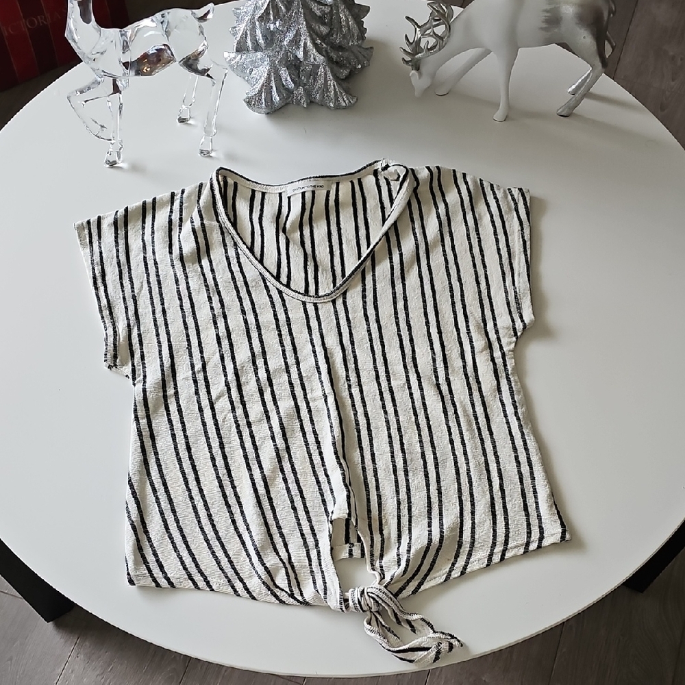 Caution To The Wind Black and White Striped Tie-Front Tee